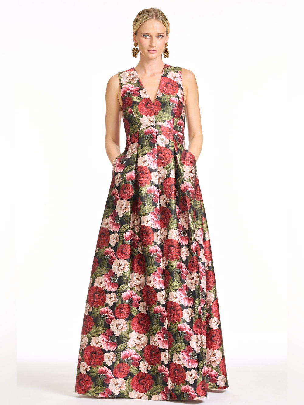 new Sachin and Babi BROOKLYNNE GOWN - PEONY EMBERS v neck mikado floral maxi